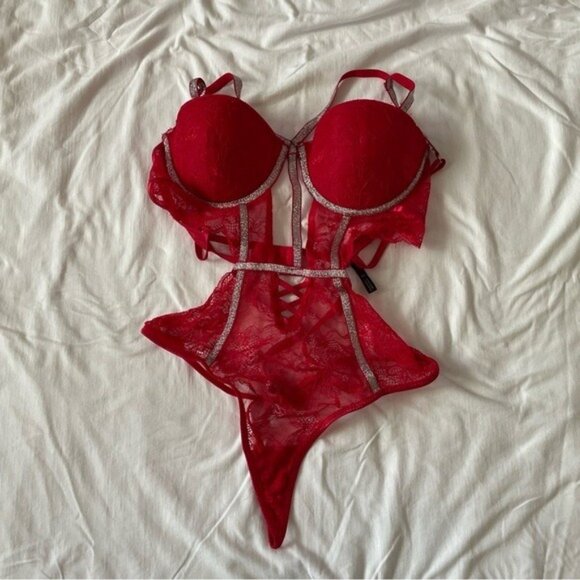 Red Lace Rhinestone Strappy Teddy Bodysuit By Body Rage - Picture 1 of 6